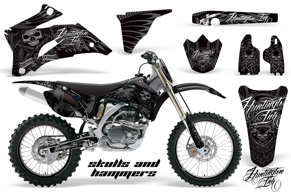 Yamaha YZ 250F 450F 02-09 Graphics Kit Huntington Ink Skulls And Hammers Silver NPs